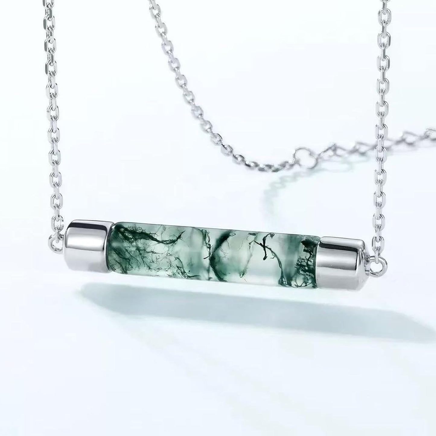 Natural Moss Agate Necklace 925 Sterling Silver Bar Genuine Green Moss Agate Pendant Jewelry Gift