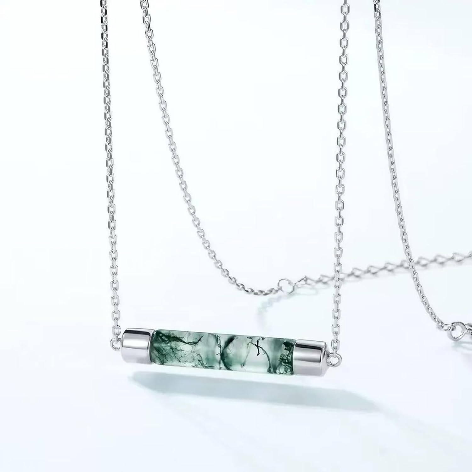Natural Moss Agate Necklace 925 Sterling Silver Bar Genuine Green Moss Agate Pendant Jewelry Gift