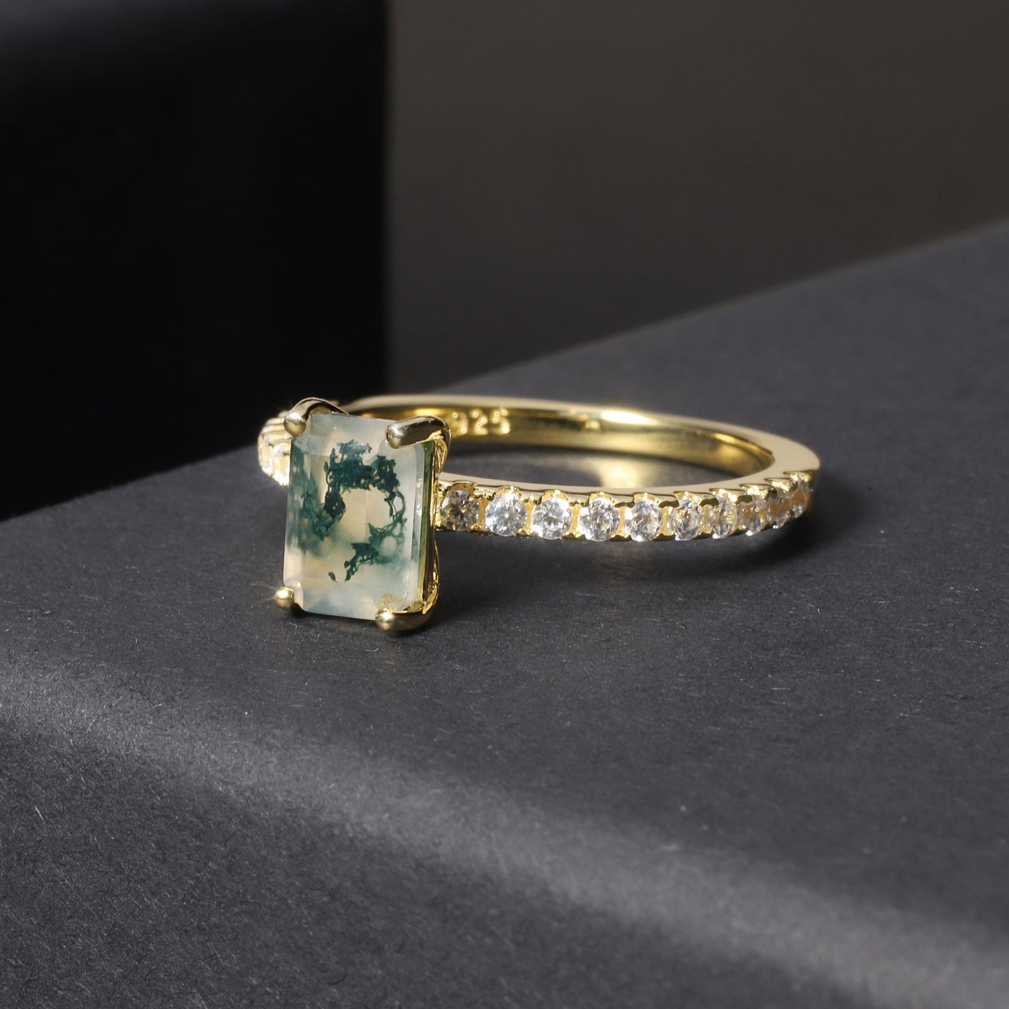 Natural Moss Agate Solitaire Ring, Emerald Cut Gold Plated 925 Silver Stacking Ring