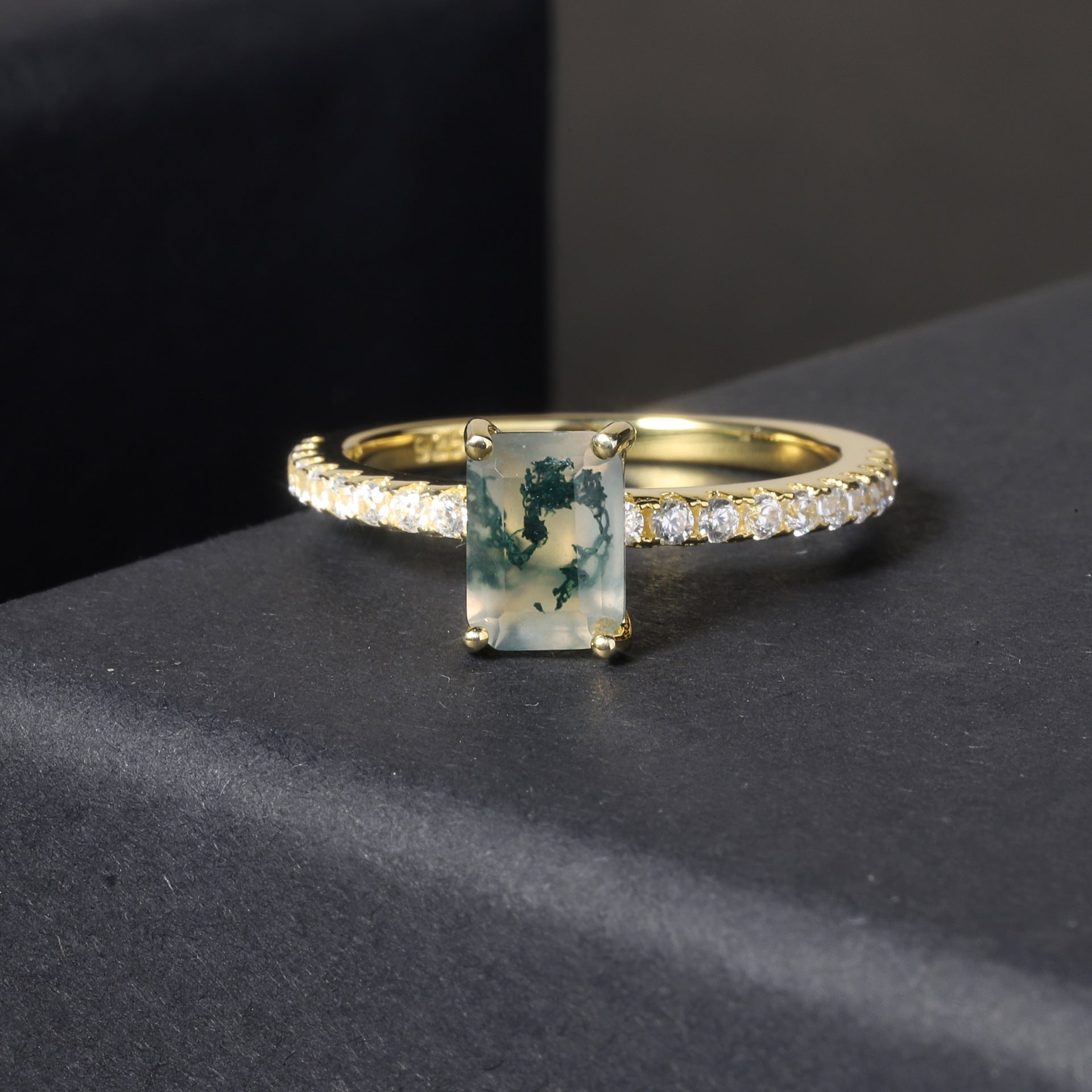 Natural Moss Agate Solitaire Ring, Emerald Cut Gold Plated 925 Silver Stacking Ring