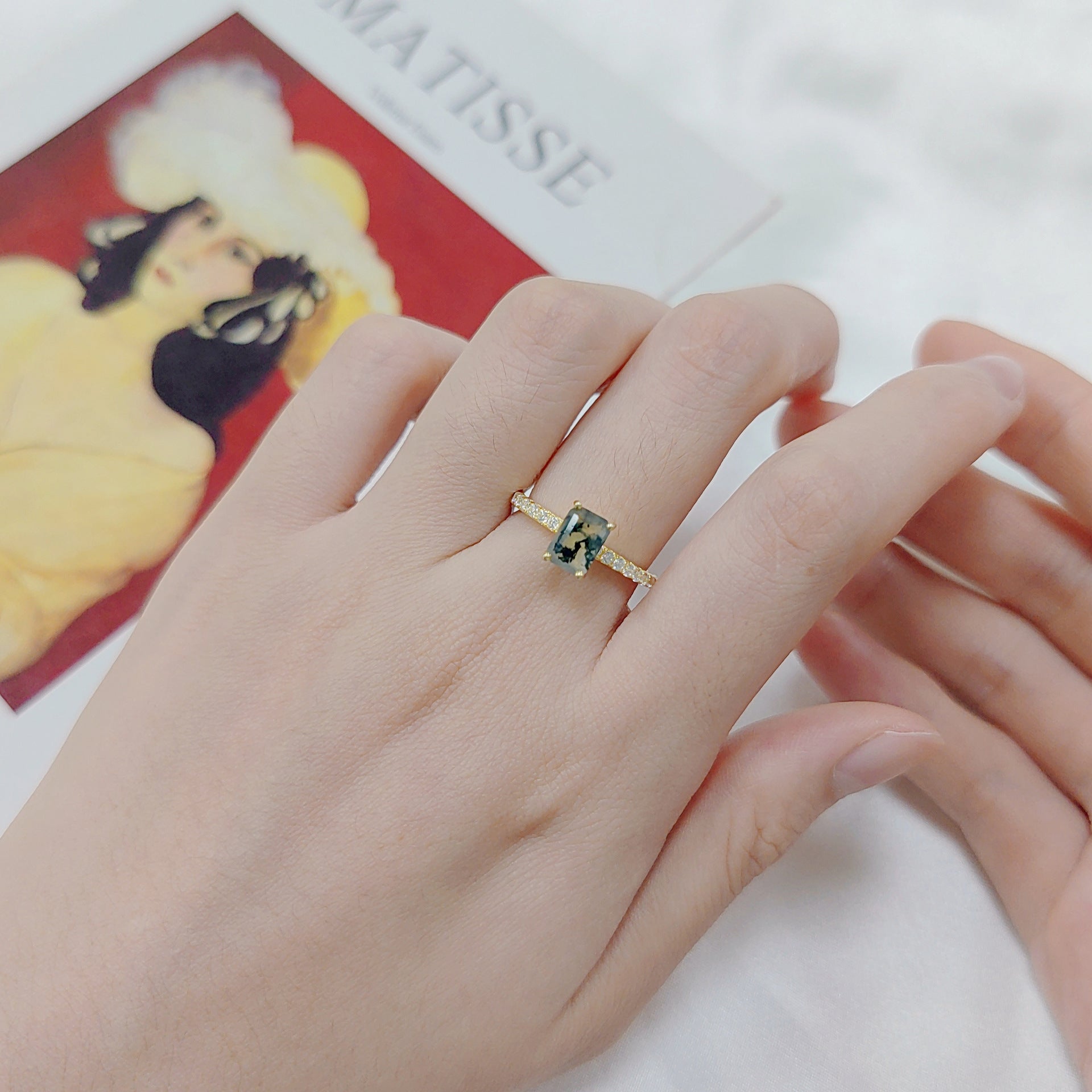 Natural Moss Agate Solitaire Ring, Emerald Cut Gold Plated 925 Silver Stacking Ring