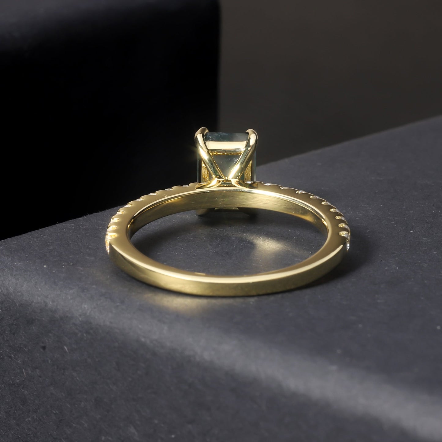 Natural Moss Agate Solitaire Ring, Emerald Cut Gold Plated 925 Silver Stacking Ring