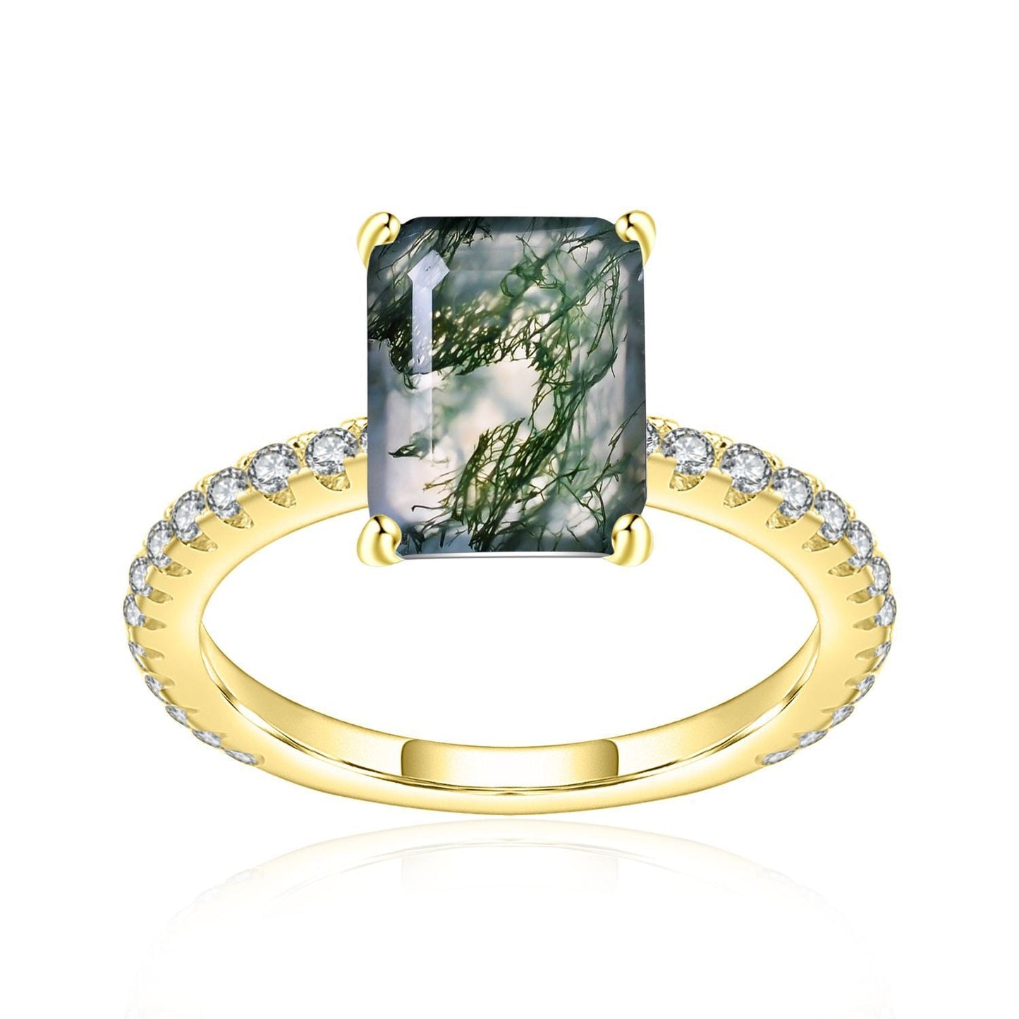 Natural Moss Agate Solitaire Ring, Emerald Cut Gold Plated 925 Silver Stacking Ring