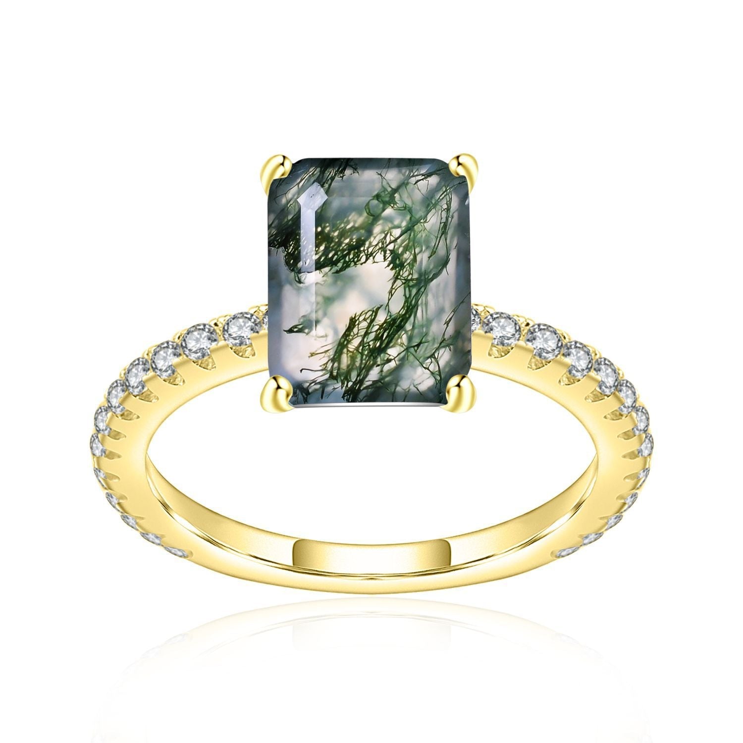 Natural Moss Agate Solitaire Ring, Emerald Cut Gold Plated 925 Silver Stacking Ring