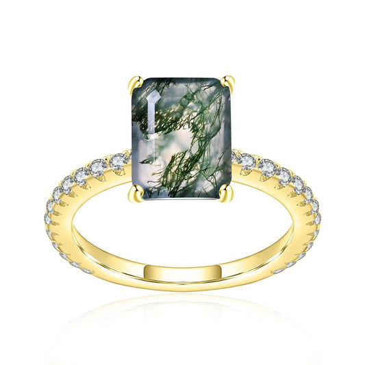 Natural Moss Agate Solitaire Ring, Emerald Cut Gold Plated 925 Silver Stacking Ring