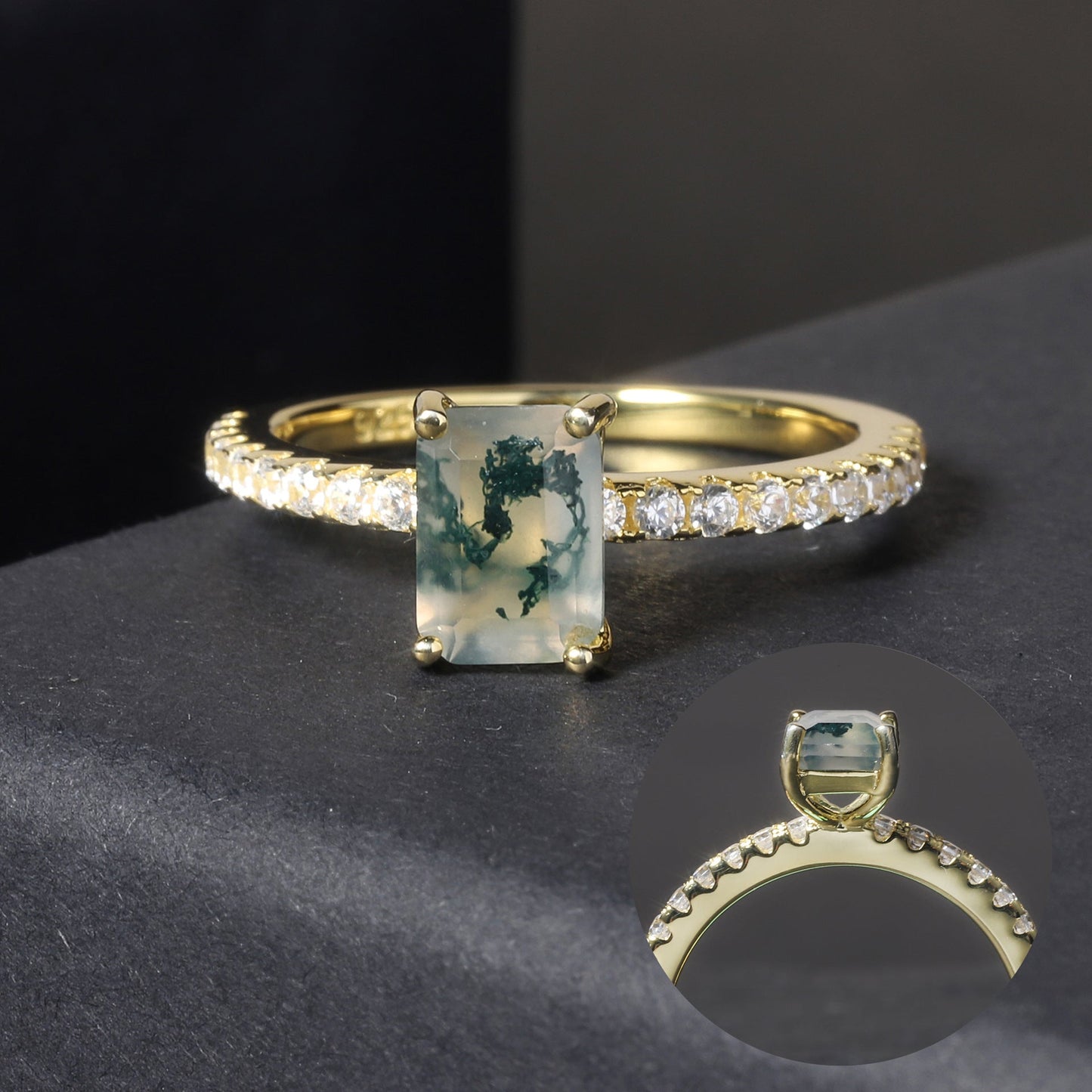 Natural Moss Agate Solitaire Ring, Emerald Cut Gold Plated 925 Silver Stacking Ring