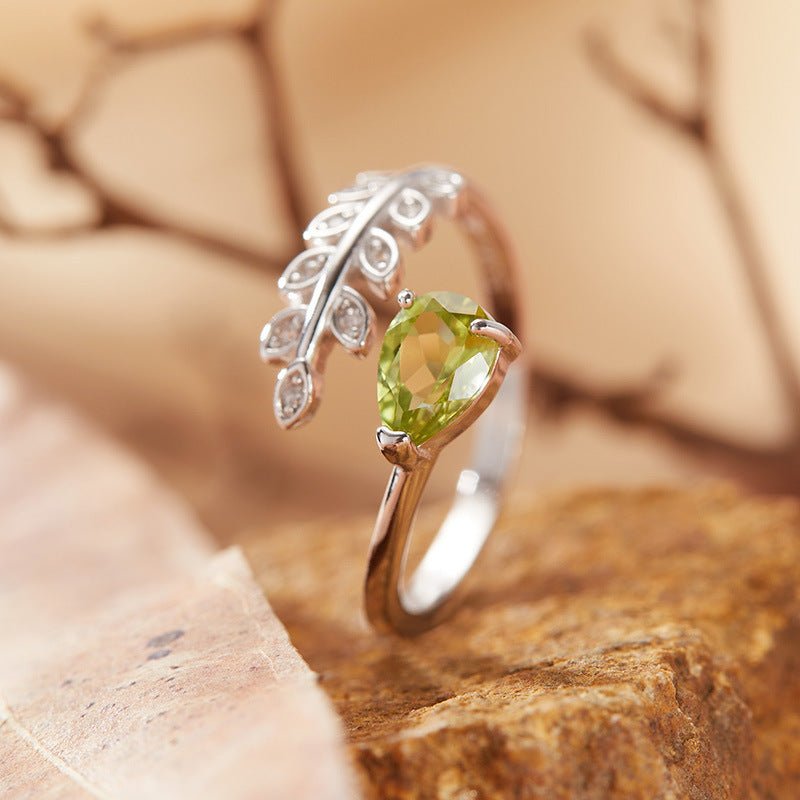 Natural Pear Peridot Olive Leaf Ring 925 Sterling Silver Leaf Open Design Ring Perfect Birthday Wedding Anniversary Gift