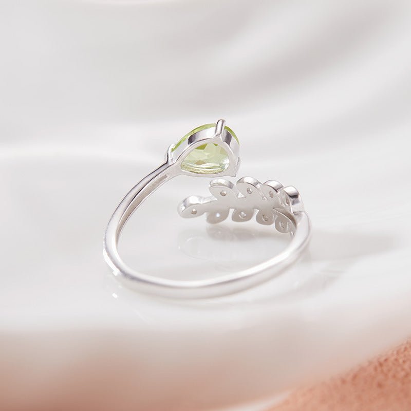 Natural Pear Peridot Olive Leaf Ring 925 Sterling Silver Leaf Open Design Ring Perfect Birthday Wedding Anniversary Gift