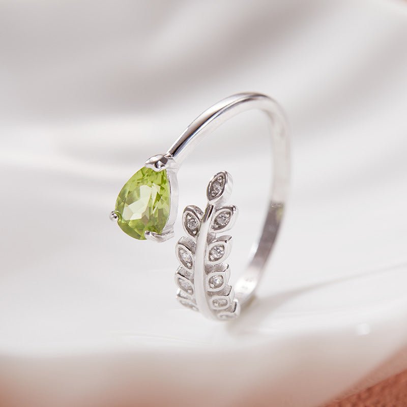 Natural Pear Peridot Olive Leaf Ring 925 Sterling Silver Leaf Open Design Ring Perfect Birthday Wedding Anniversary Gift