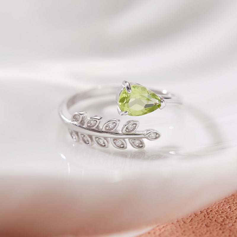 Natural Pear Peridot Olive Leaf Ring 925 Sterling Silver Leaf Open Design Ring Perfect Birthday Wedding Anniversary Gift