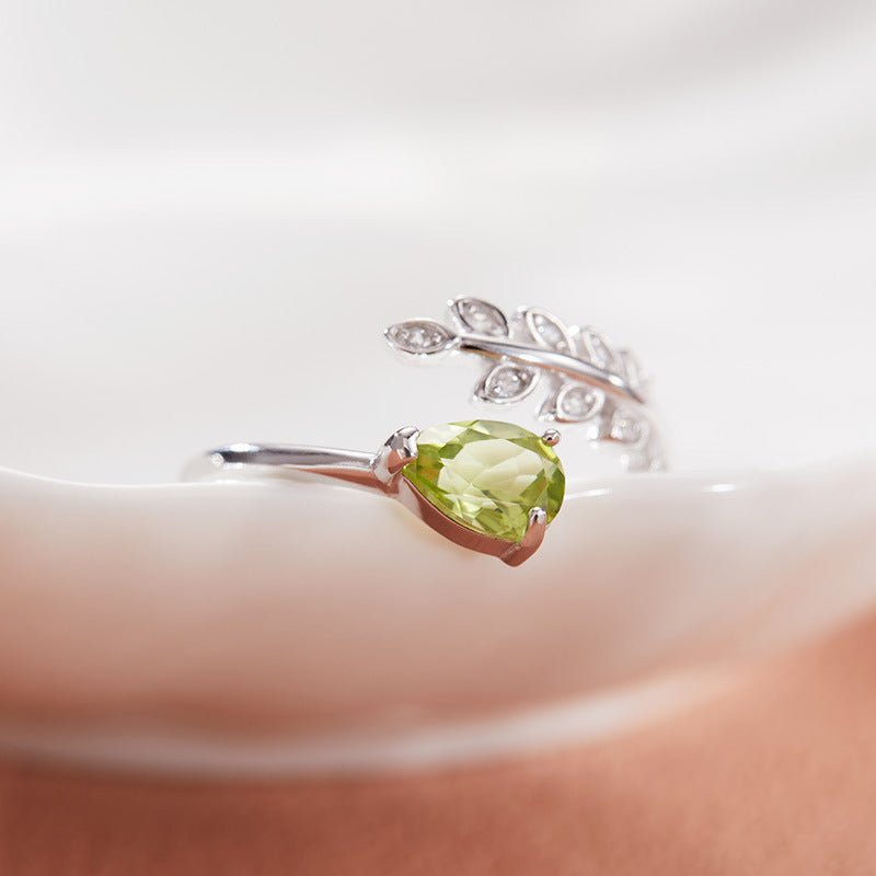 Natural Pear Peridot Olive Leaf Ring 925 Sterling Silver Leaf Open Design Ring Perfect Birthday Wedding Anniversary Gift