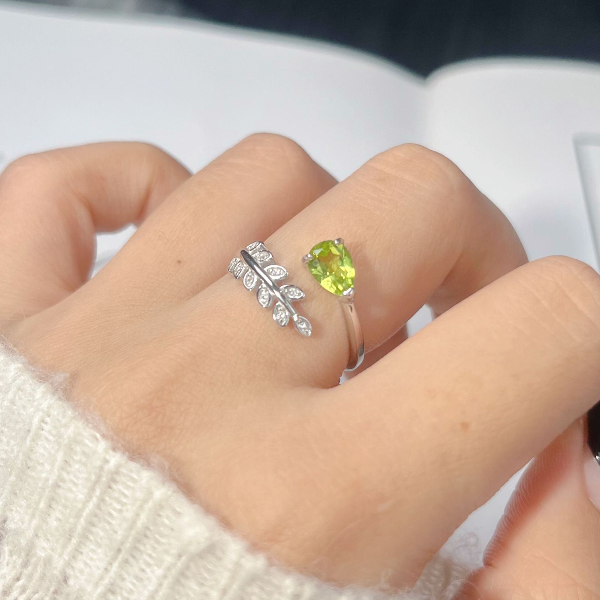 Natural Pear Peridot Olive Leaf Ring 925 Sterling Silver Leaf Open Design Ring Perfect Birthday Wedding Anniversary Gift