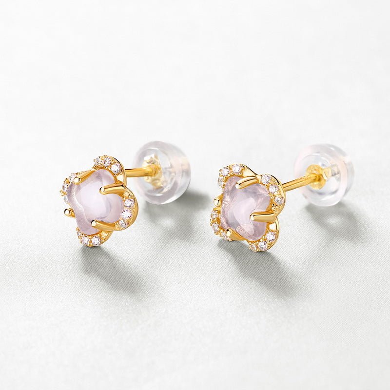 Lucky Clover Pink Crystal Stud Earrings & Pendant Set in 925 Silver Gold Plated