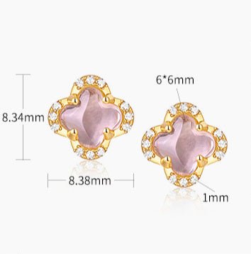 Lucky Clover Pink Crystal Stud Earrings & Pendant Set in 925 Silver Gold Plated