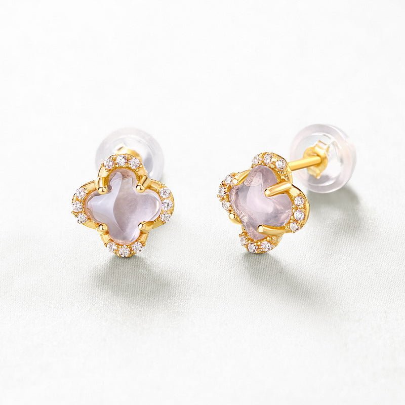 Lucky Clover Pink Crystal Stud Earrings & Pendant Set in 925 Silver Gold Plated