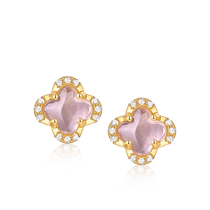 Lucky Clover Pink Crystal Stud Earrings & Pendant Set in 925 Silver Gold Plated
