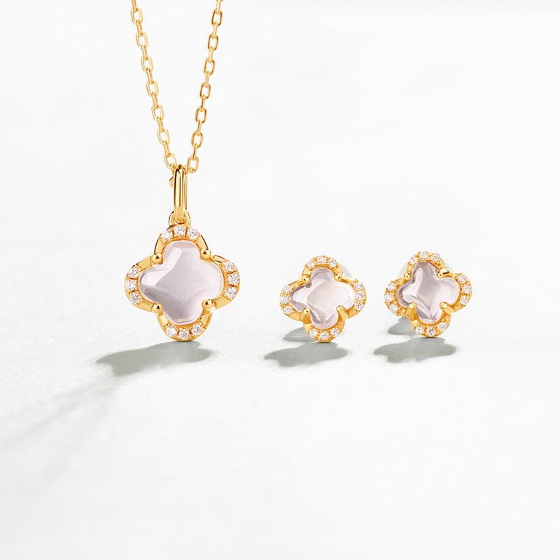 Lucky Clover Pink Crystal Stud Earrings & Pendant Set in 925 Silver Gold Plated