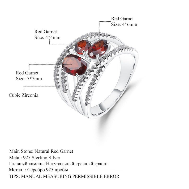 Natural Red Garnet Ring Three Stones Ring 925 Silver Wedding Birthday Gift for Her