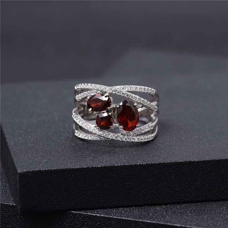 Natural Red Garnet Ring Three Stones Ring 925 Silver Wedding Birthday Gift for Her