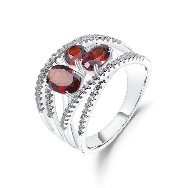 Natural Red Garnet Ring Three Stones Ring 925 Silver Wedding Birthday Gift for Her