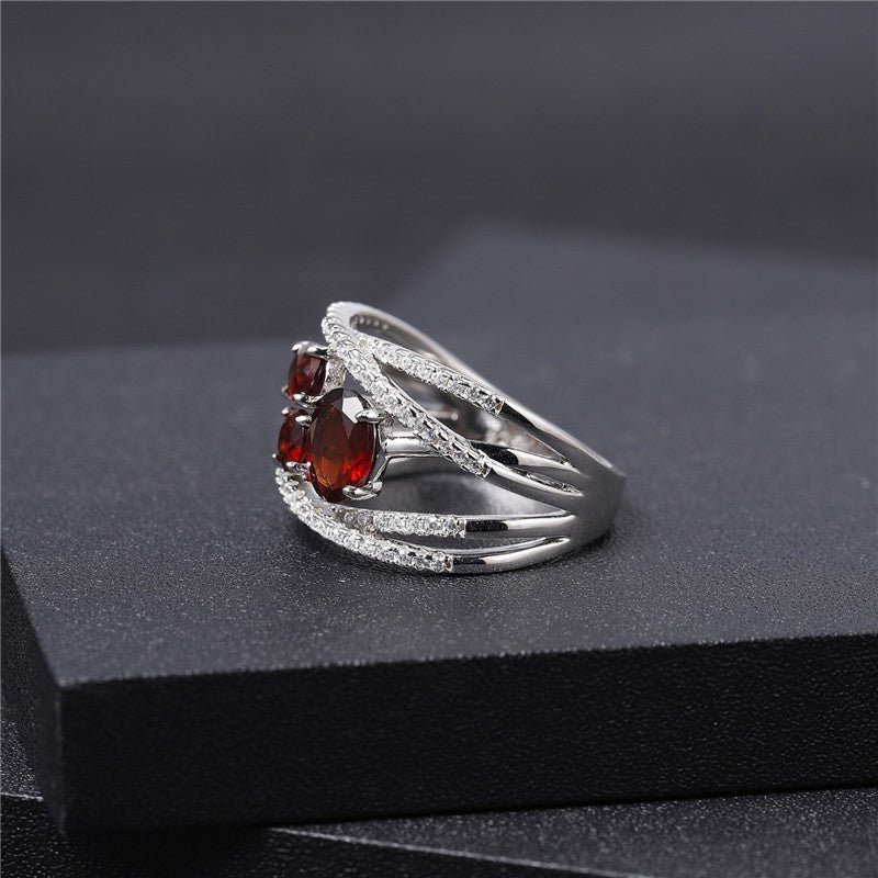 Natural Red Garnet Ring Three Stones Ring 925 Silver Wedding Birthday Gift for Her