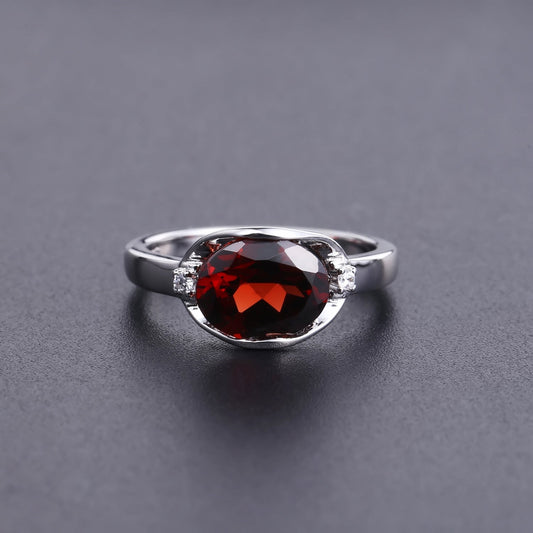 Natural Red Garnet & Treated Blue Sapphire Geometric Ring | 925 Sterling Silver | East - West Stone Setting