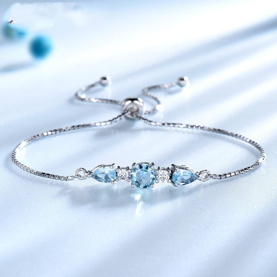 Natural Sky Blue Topaz Bracelet 925 Silver Adjustable Tennis Chain Gift for Her