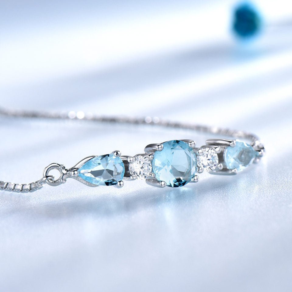 Natural Sky Blue Topaz Bracelet 925 Silver Adjustable Tennis Chain Gift for Her