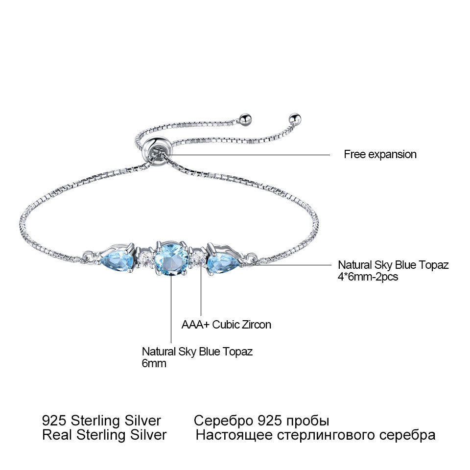 Natural Sky Blue Topaz Bracelet 925 Silver Adjustable Tennis Chain Gift for Her