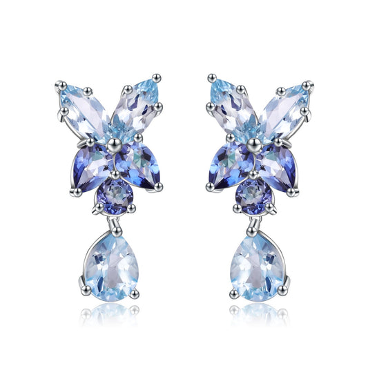 Natural Sky Blue Topaz Mystic Quartz Stud Earrings Vintage Design 925 Silver Gift for Her