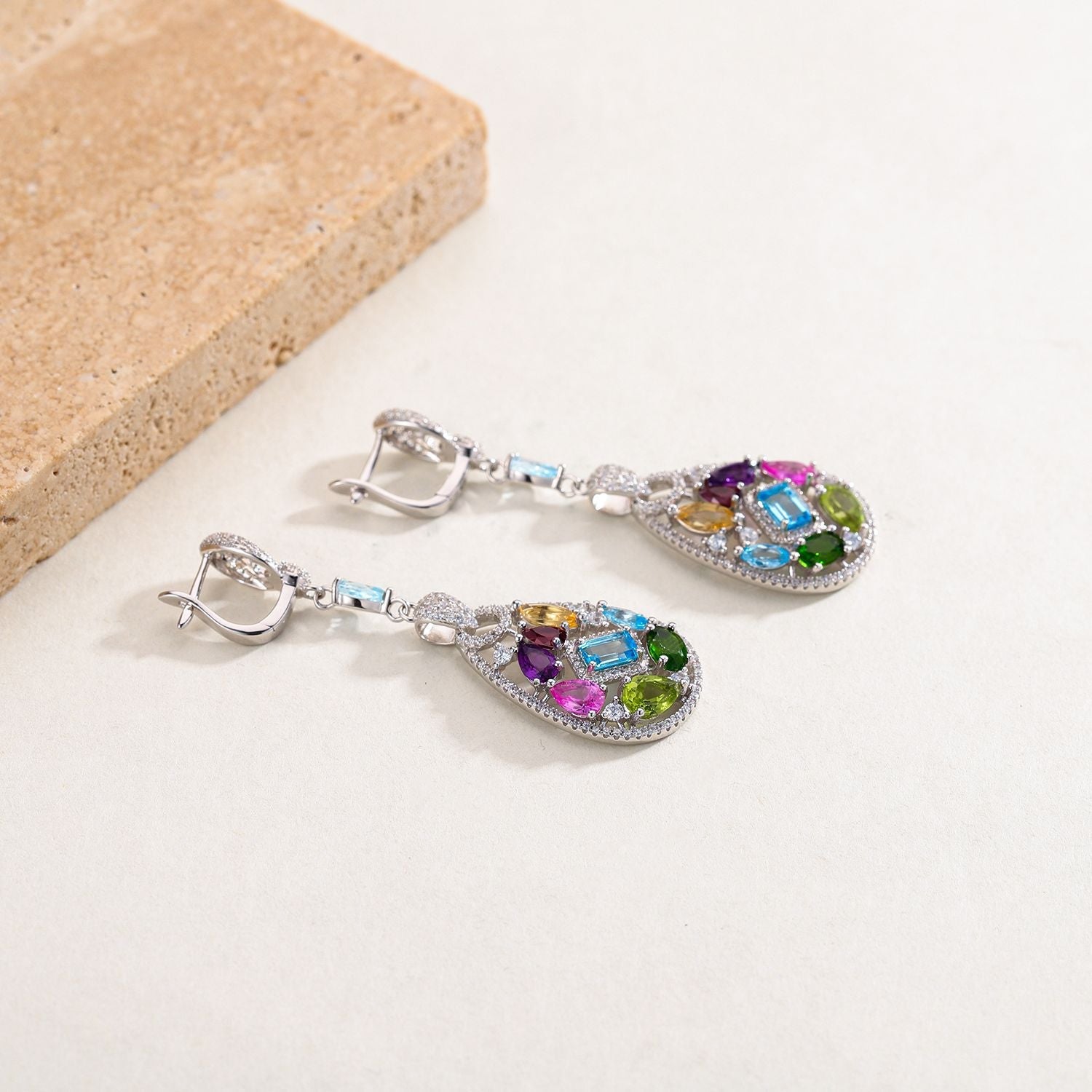 Natural Topaz Crystal Peridot Drop Huggies Earrings 925 Sterling Silver