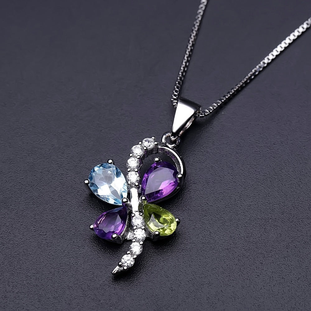 Natural Topaz Peridot Amethyst Flower Pendant 925 Sterling Silver Necklace Wedding Christmas Gift