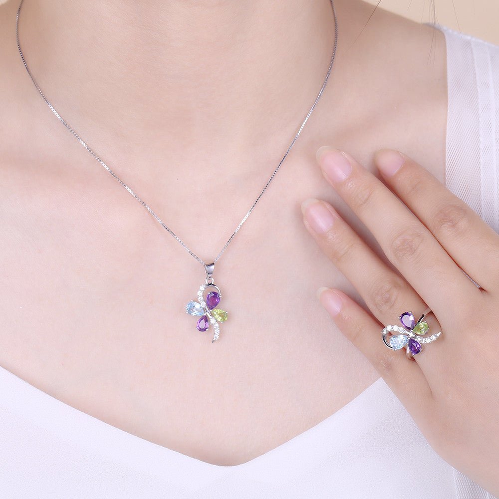 Natural Topaz Peridot Amethyst Flower Pendant 925 Sterling Silver Necklace Wedding Christmas Gift