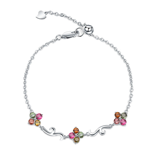 Natural Tourmaline Clover Bracelet 925 Silver Inlaid Natural Color Treasure Bracelet Gift for Her