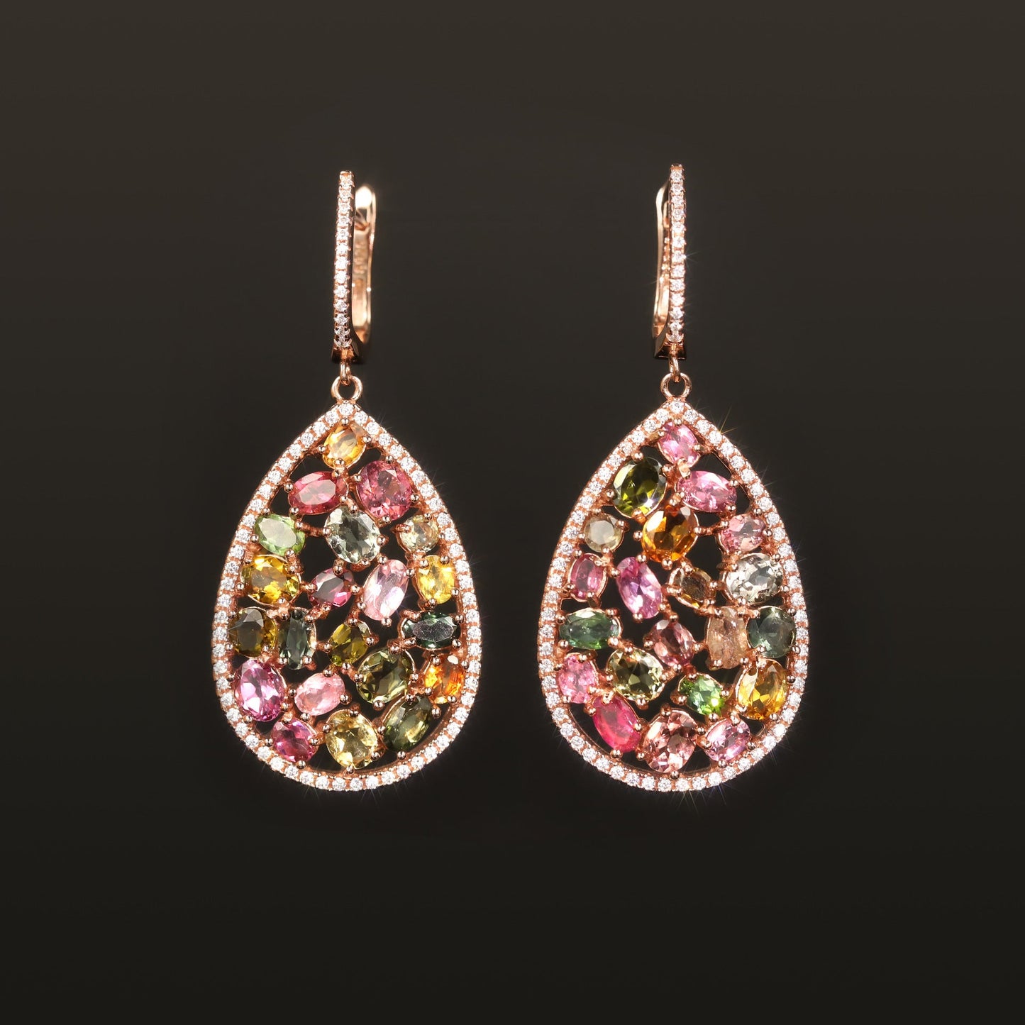 Natural Gemstone Dangle Earrings - Tourmaline, Diopside & Topaz Drop Hoops in 925 Sterling Silver