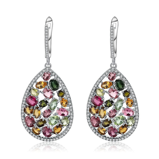 Natural Gemstone Dangle Earrings - Tourmaline, Diopside & Topaz Drop Hoops in 925 Sterling Silver