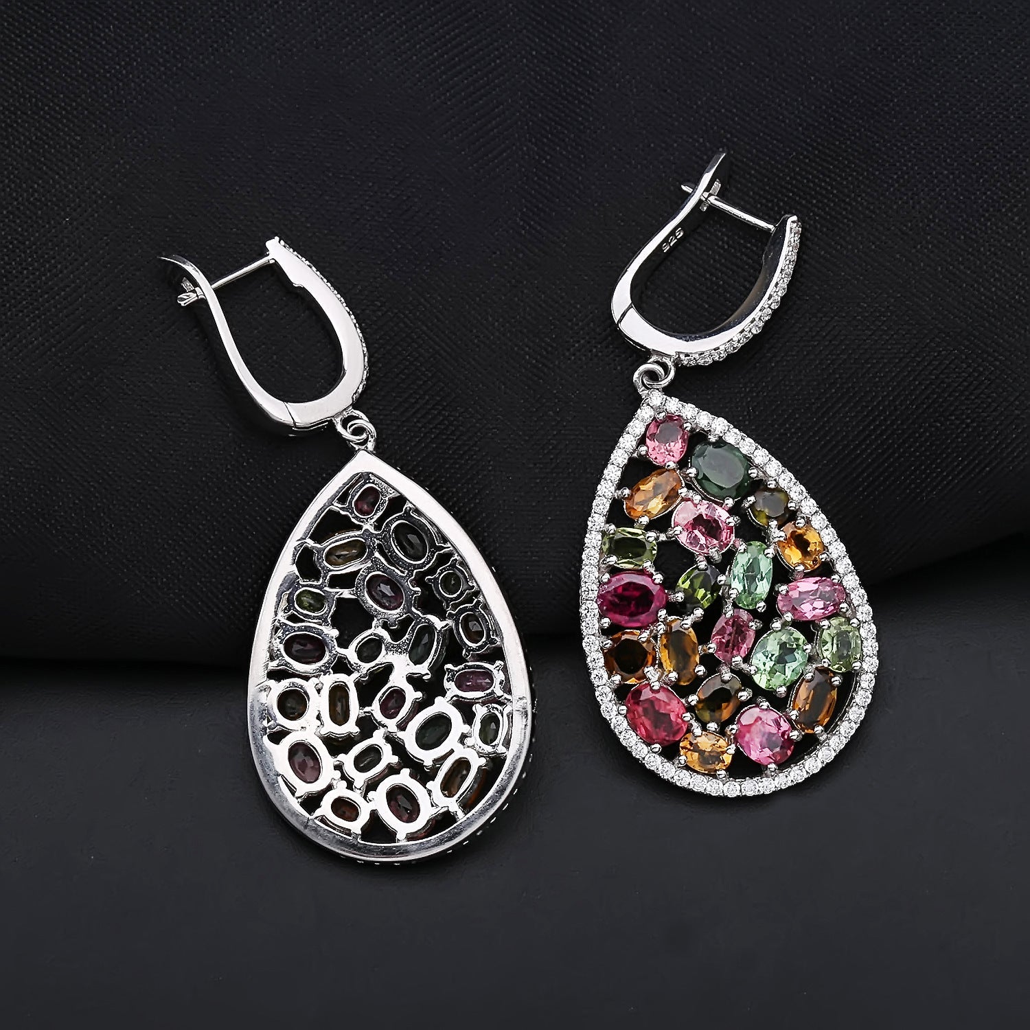 Natural Gemstone Dangle Earrings - Tourmaline, Diopside & Topaz Drop Hoops in 925 Sterling Silver