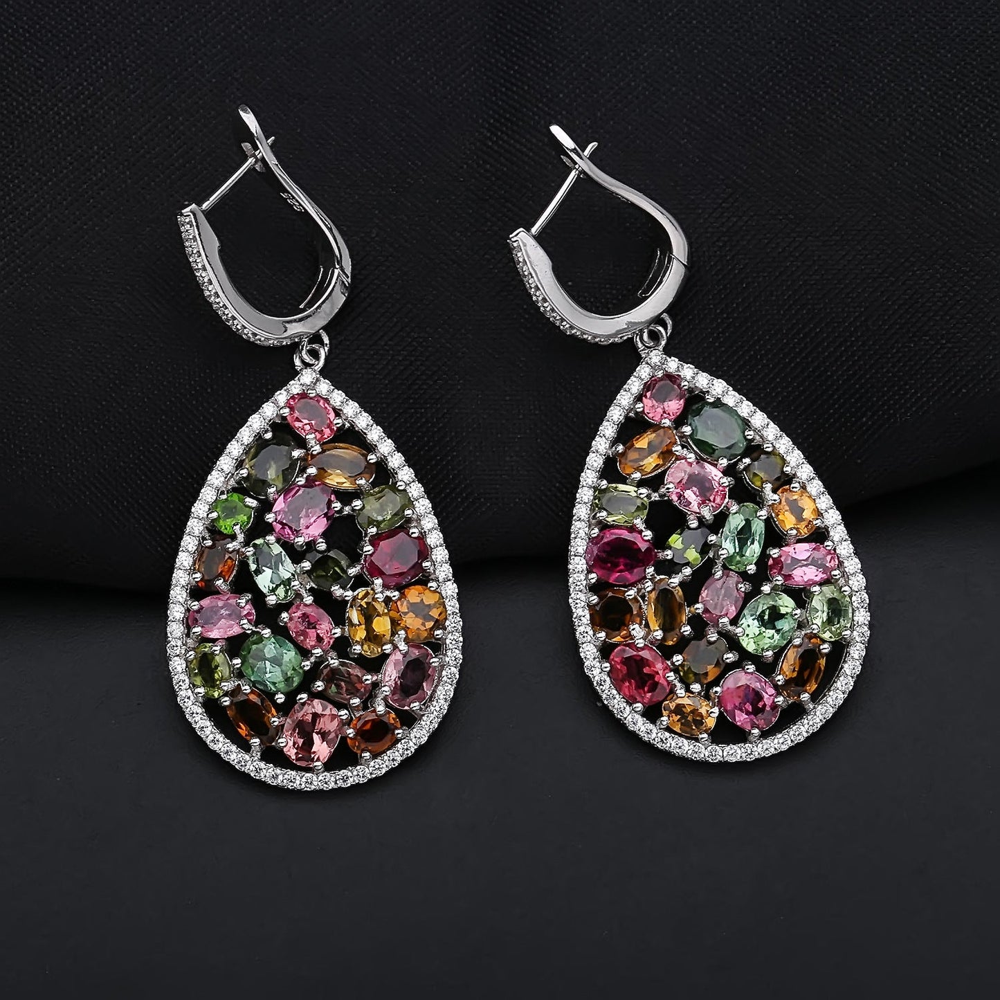 Natural Gemstone Dangle Earrings - Tourmaline, Diopside & Topaz Drop Hoops in 925 Sterling Silver