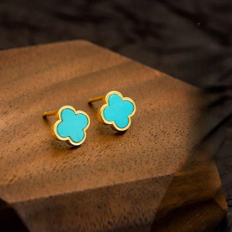 Natural Turquoise Four-Leaf Clover Stud Earrings in 925 Sterling Silver | Minimalist Gift for Her
