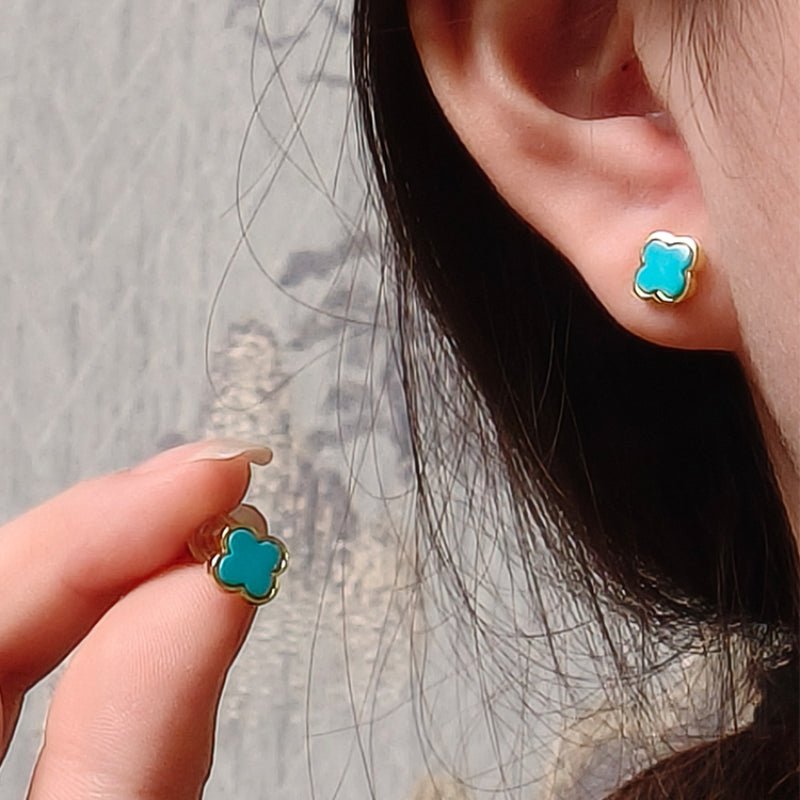Natural Turquoise Four-Leaf Clover Stud Earrings in 925 Sterling Silver | Minimalist Gift for Her