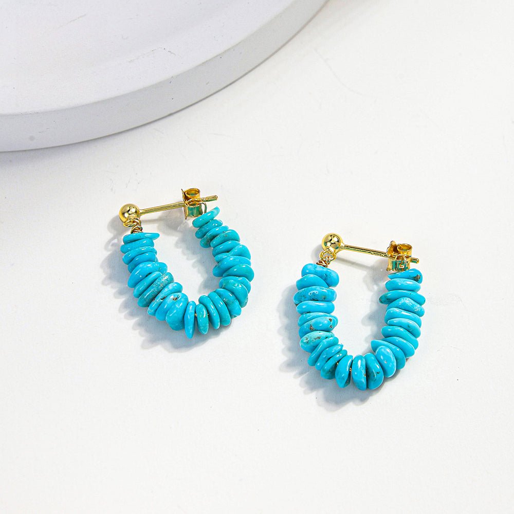 Natural Turquoise Huggie Hoop Earrings, 925 Silver 18K Gold Plated U-Shaped Everyday Earrings