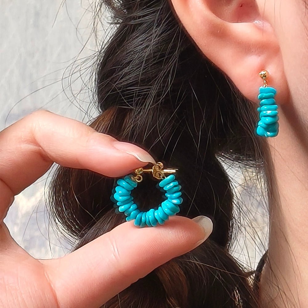 Natural Turquoise Huggie Hoop Earrings, 925 Silver 18K Gold Plated U-Shaped Everyday Earrings