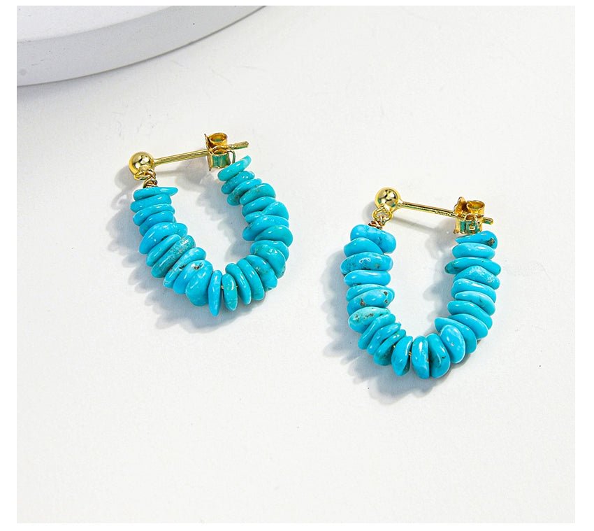 Natural Turquoise Huggie Hoop Earrings, 925 Silver 18K Gold Plated U-Shaped Everyday Earrings