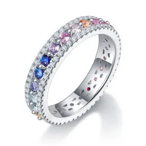 Moissanite Rainbow Eternity Ring Round Lab-Created Colored Gemstone
