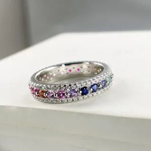 Moissanite Rainbow Eternity Ring Round Lab-Created Colored Gemstone