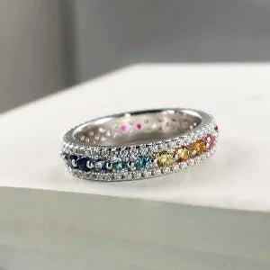 Moissanite Rainbow Eternity Ring Round Lab-Created Colored Gemstone