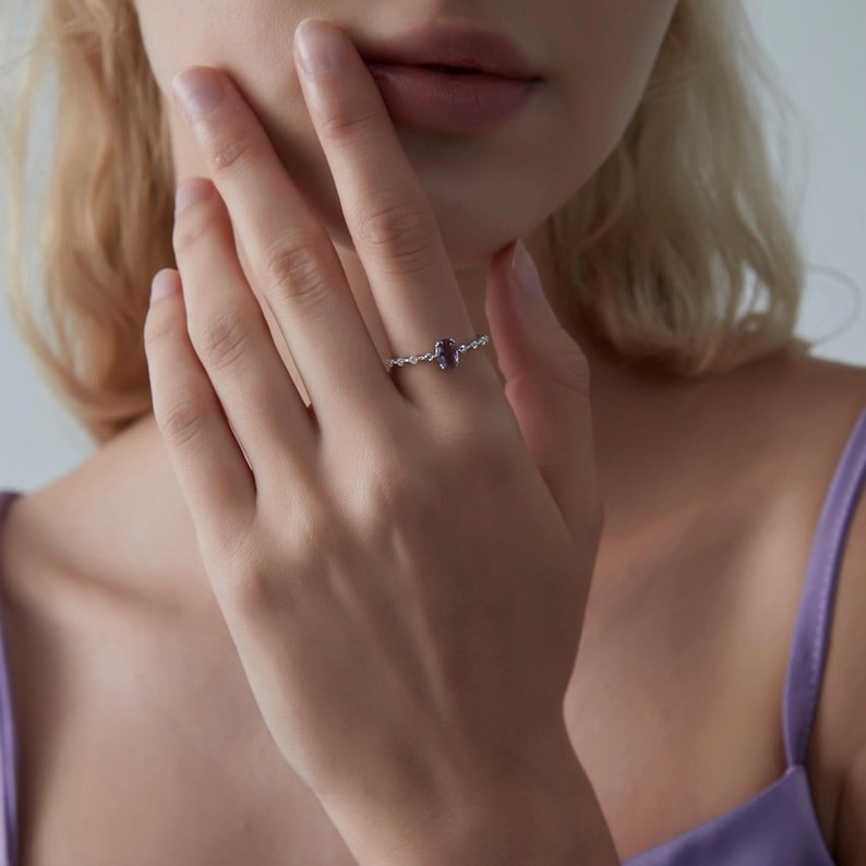 Oval Cut Natural Amethyst Ring • Dainty Purple Crystal Stacking Ring • Sterling Silver Gift