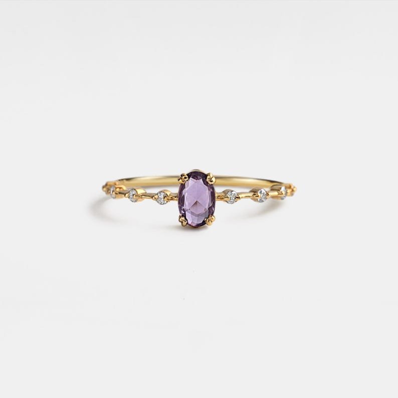 Oval Cut Natural Amethyst Ring • Dainty Purple Crystal Stacking Ring • Sterling Silver Gift