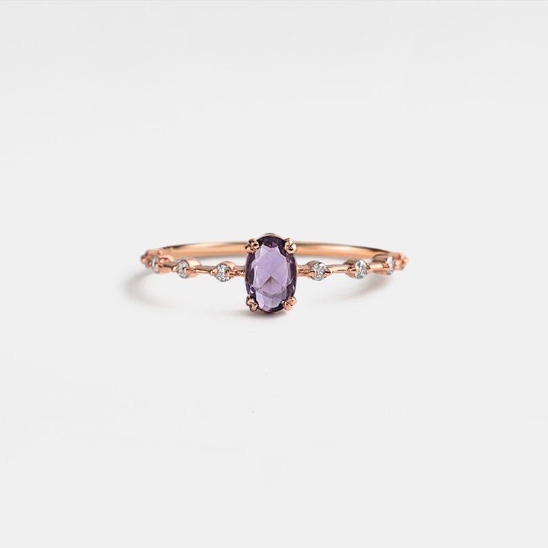 Oval Cut Natural Amethyst Ring • Dainty Purple Crystal Stacking Ring • Sterling Silver Gift