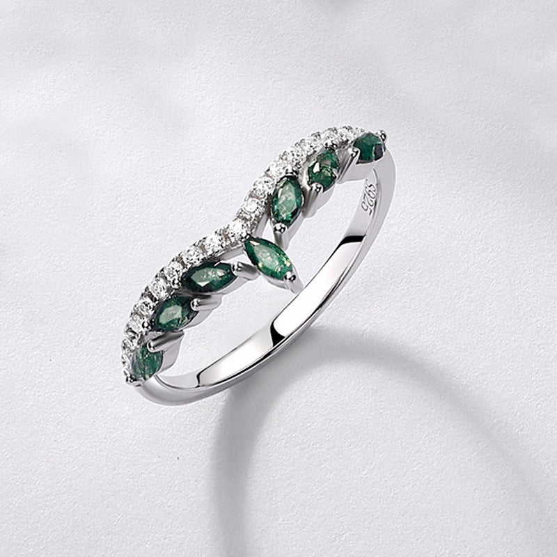 Marquise Green Moss Agate Half Eternity Ring in 925 Sterling Silver